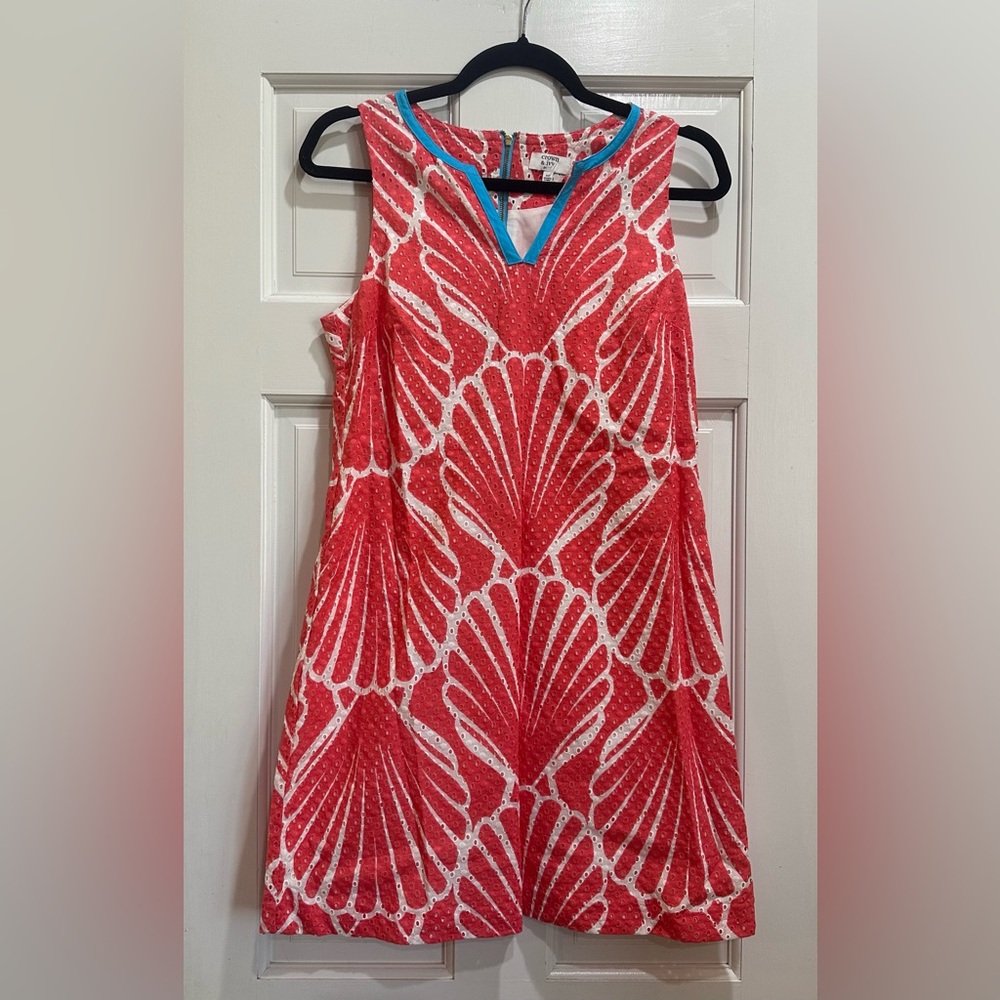 Crown & Ivy Coral Blue Seashell Print Sleeveless Eyelet Dress Size 4P Petite